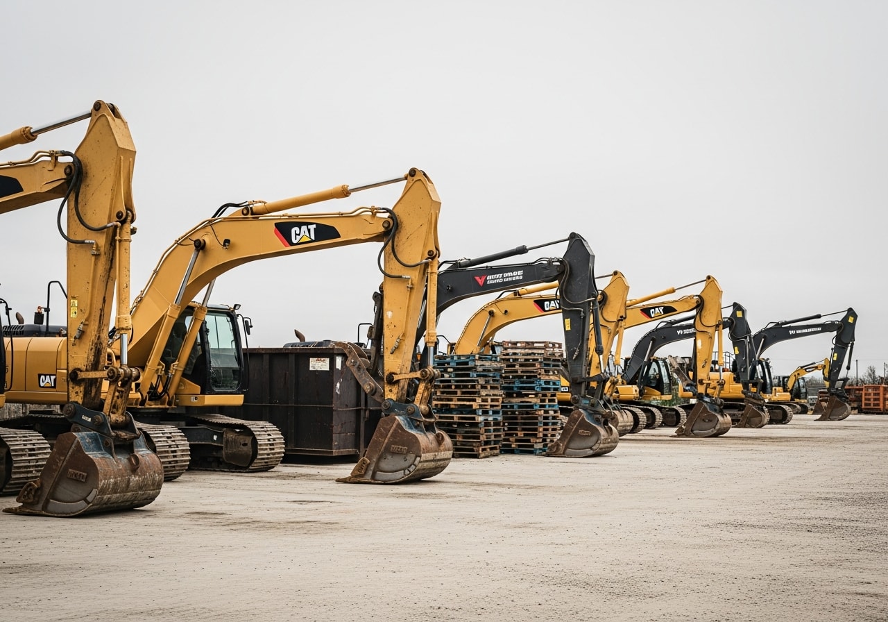 Construction site equipment and tools ready for land clearing and demolition work.