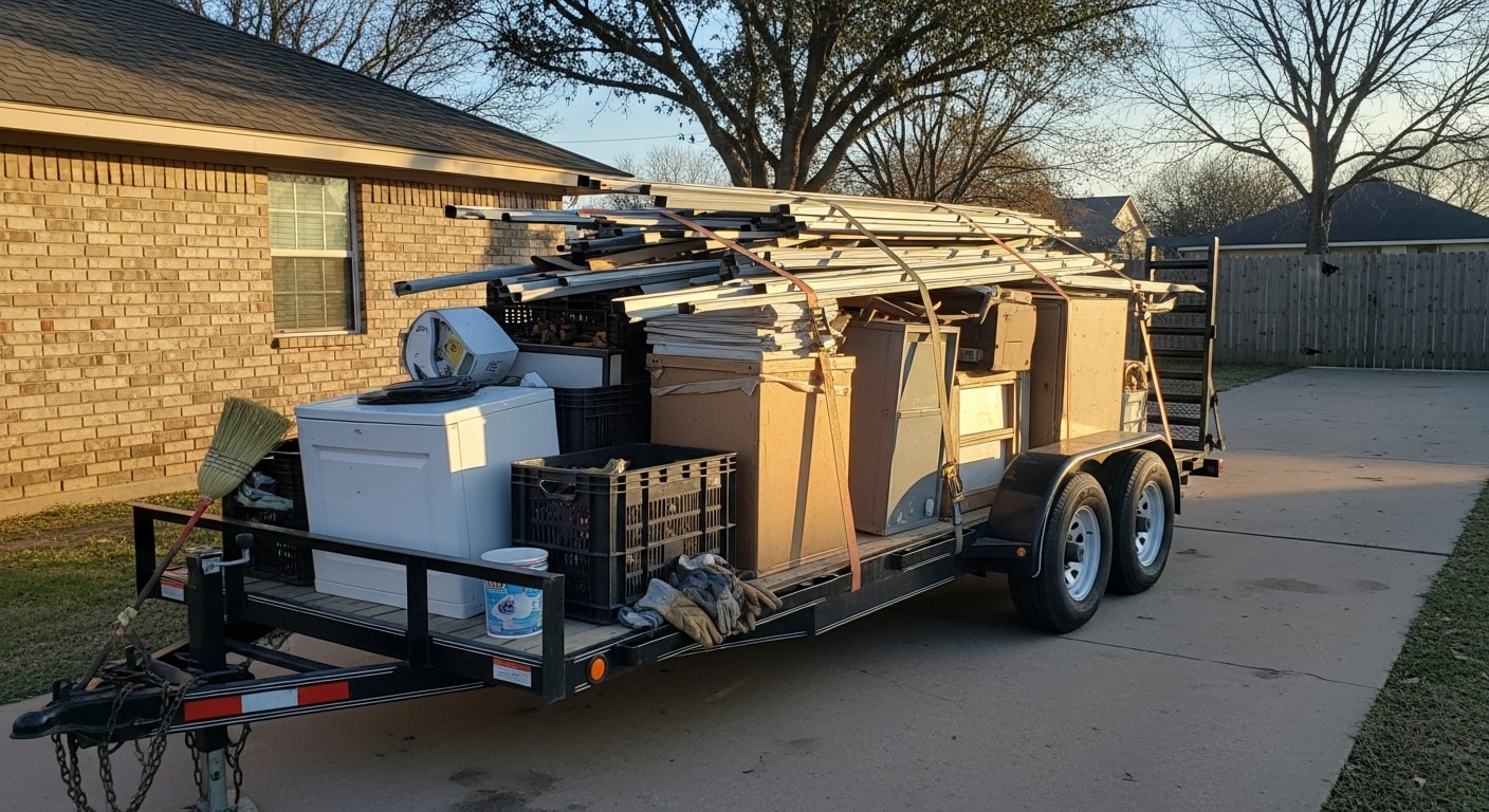 Junk removal truck loading debris from a residential property