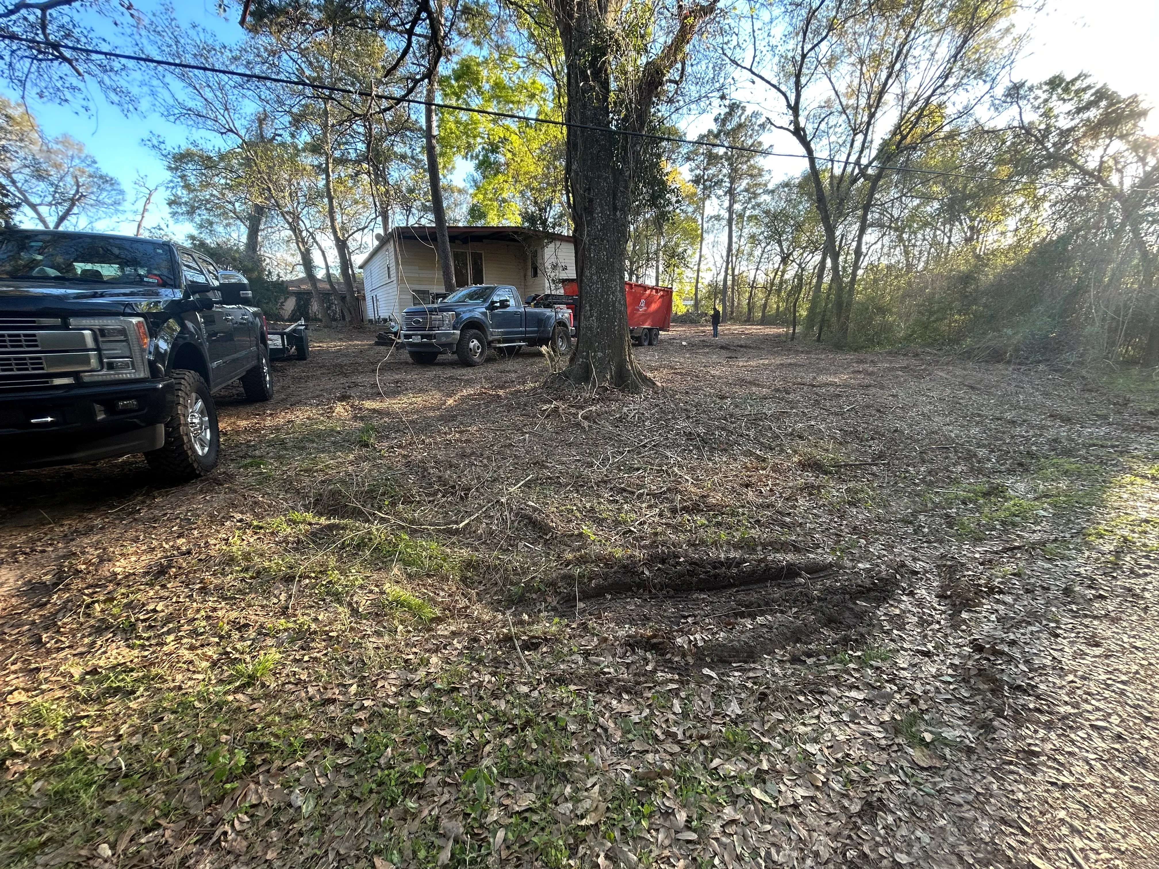 Cleared residential lot with removed debris, bare earth, and mature trees remaining after land clearing