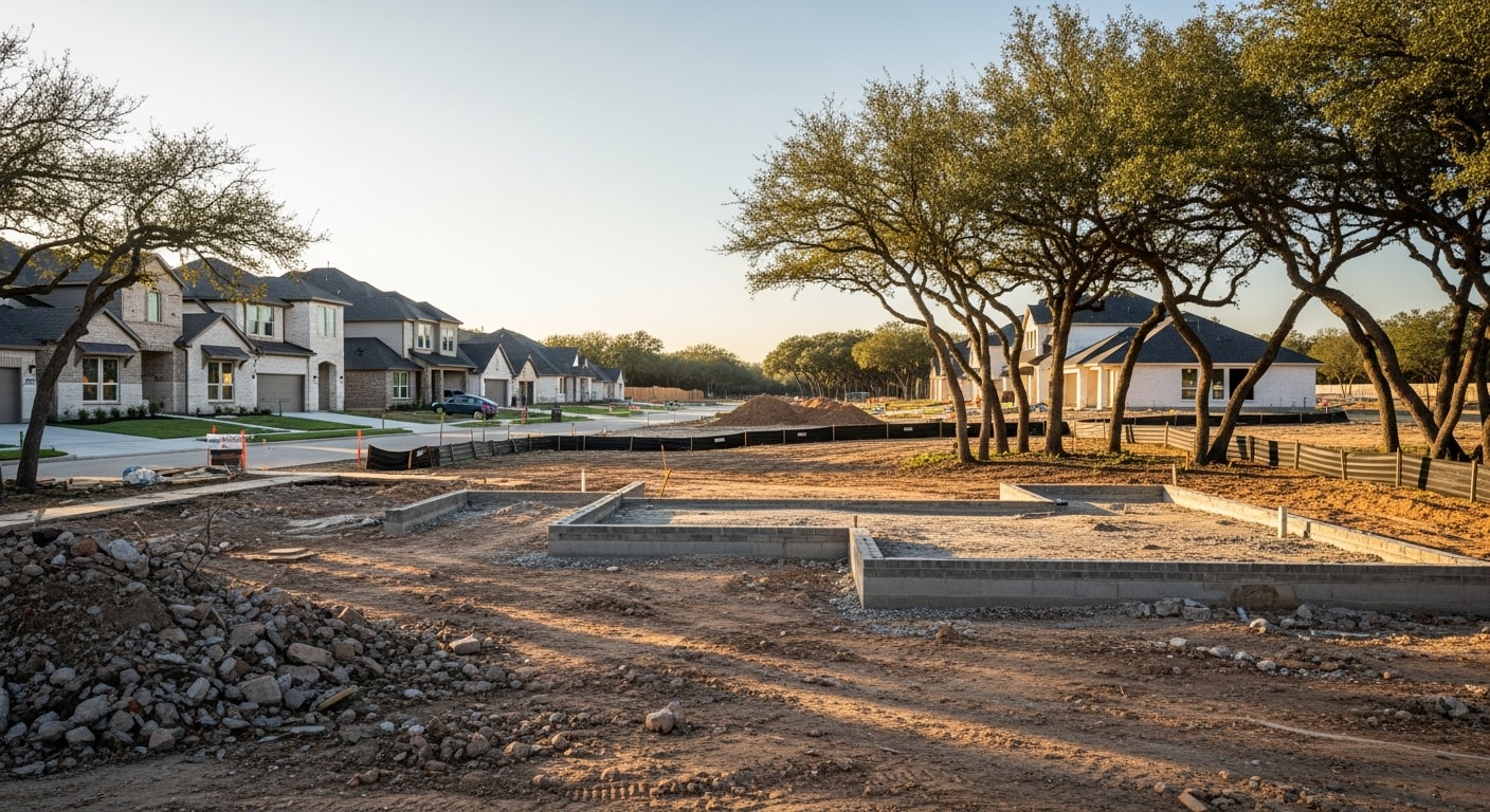 New residential subdivision in Cypress with tree-lined streets and modern homes under construction.