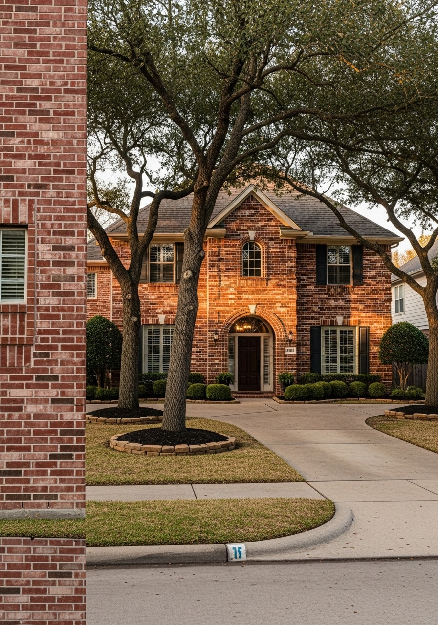 Houston homeowner on the porch of a brick home with mature trees and landscaping.