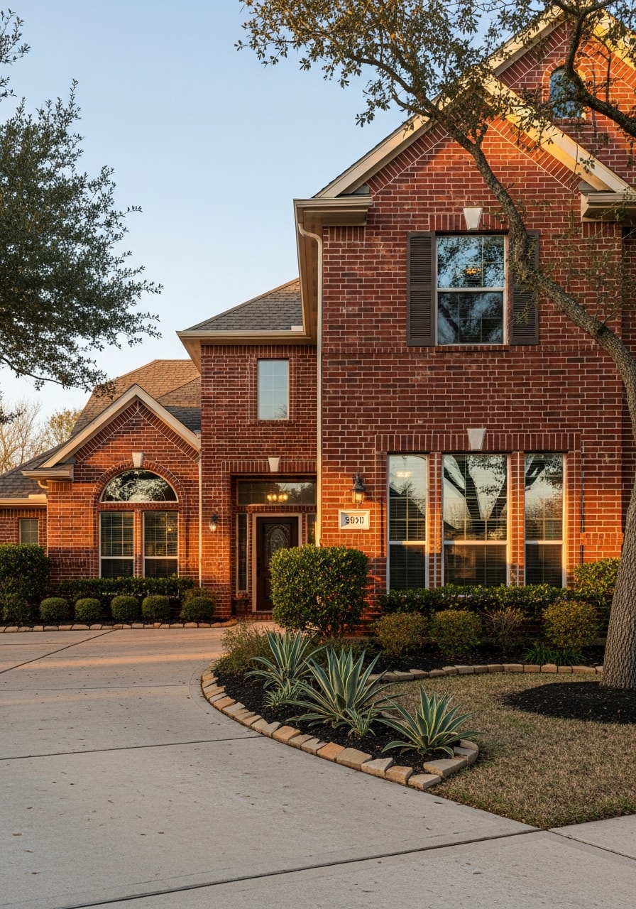 Katy homeowner standing in front of a two-story brick home with landscaping and driveway.