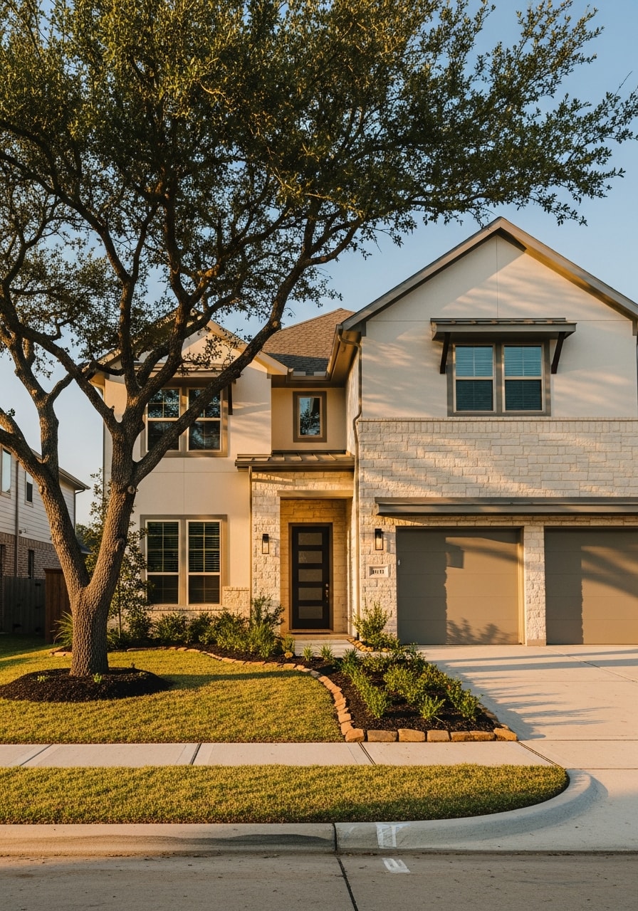 Sugar Land homeowner in front of a two-story home with contemporary design and manicured landscaping.