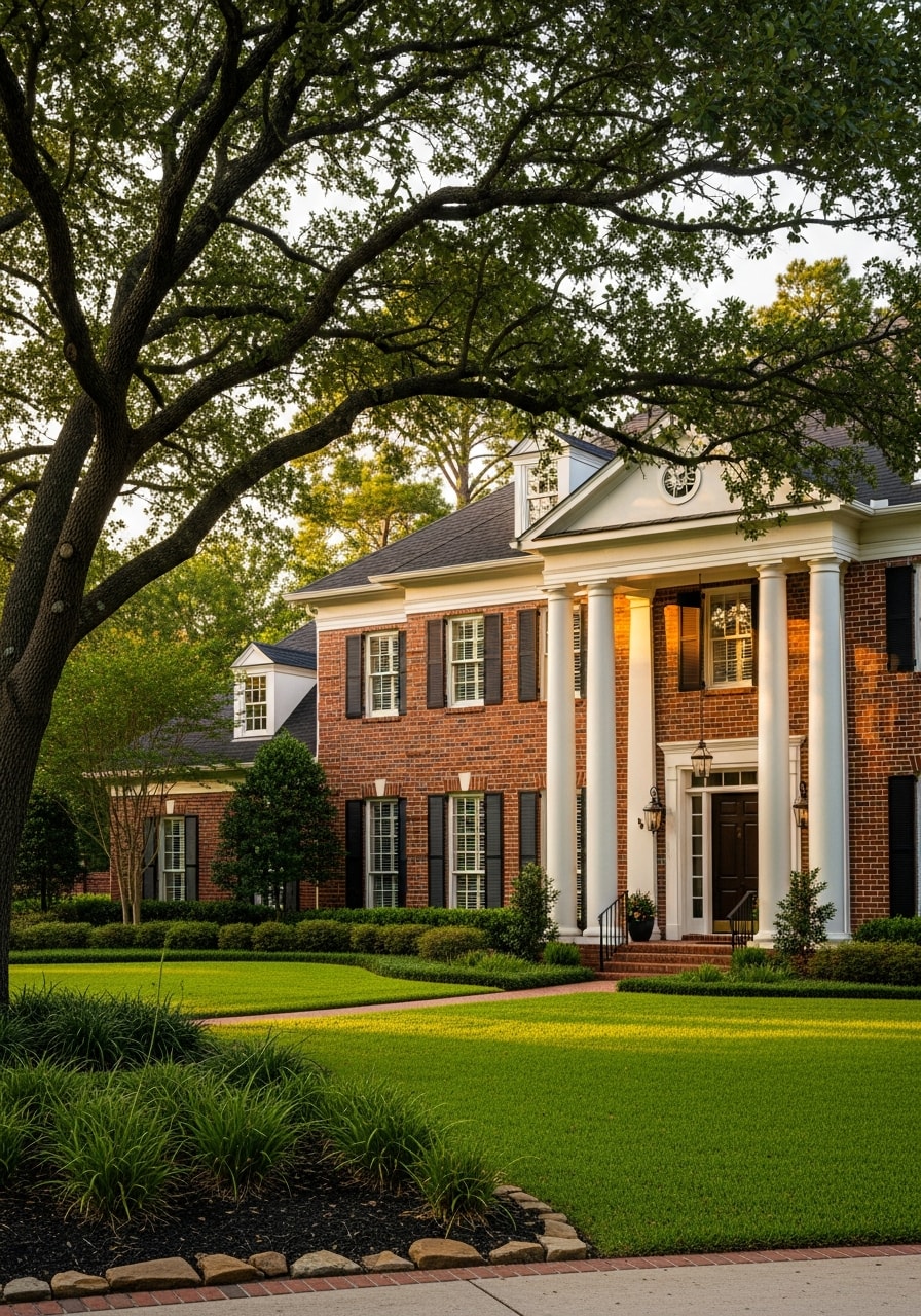 Woodlands homeowner standing in front of a large brick home with manicured lawn and trees.