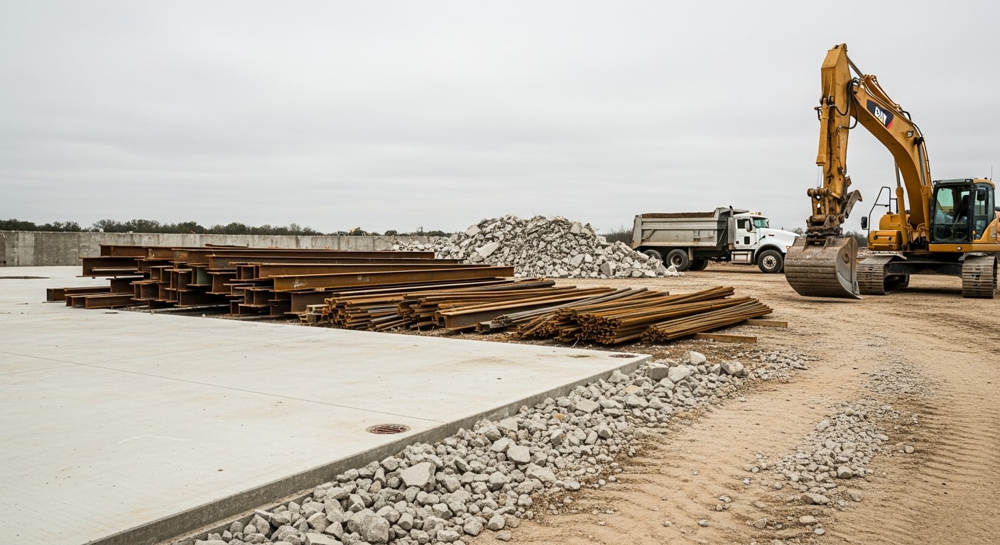 A commercial building in Cypress, TX being demolished by an excavator, with debris cleared to the side and an open pad visible in the background. The surrounding Harris County commercial corridor is visible in the distance.