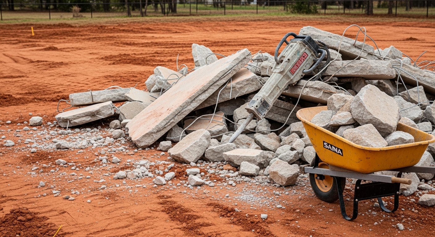 A concrete driveway slab being broken apart by an excavator on a residential property in Cypress, TX. Chunks of removed concrete are piled beside a cleared, exposed soil surface ready for new construction.