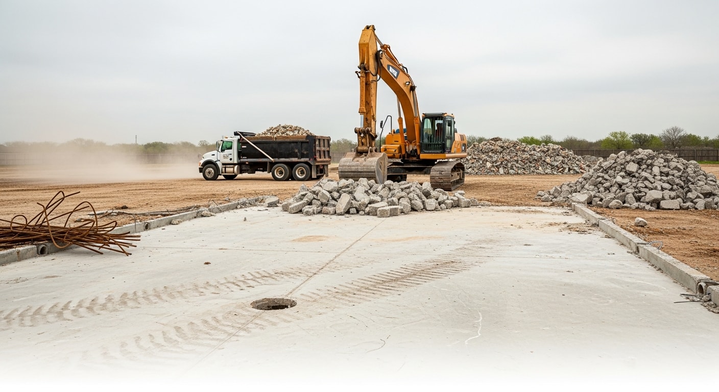 A cleared residential lot in Cypress, Texas after a full structure demolition, with debris removed and bare ground ready for new construction. A skid steer loader is visible on site next to a concrete foundation that has been broken up and hauled away.