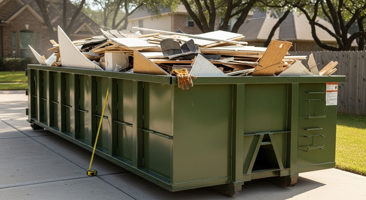 A loaded roll-off dumpster sitting on a residential driveway in Cypress, TX, filled with renovation debris including drywall and flooring materials. A suburban home with an active remodel project is visible in the background.
