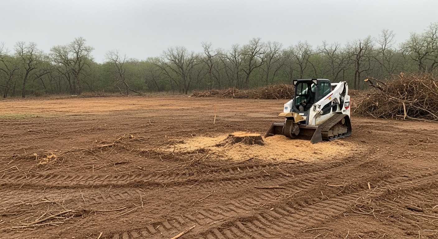 A cleared residential lot in Cypress, TX with trees, stumps, and brush fully removed, leaving flat exposed ground ready for construction. Heavy equipment tracks are visible across the site, showing recent land clearing work completed by 5 Star Site Services.