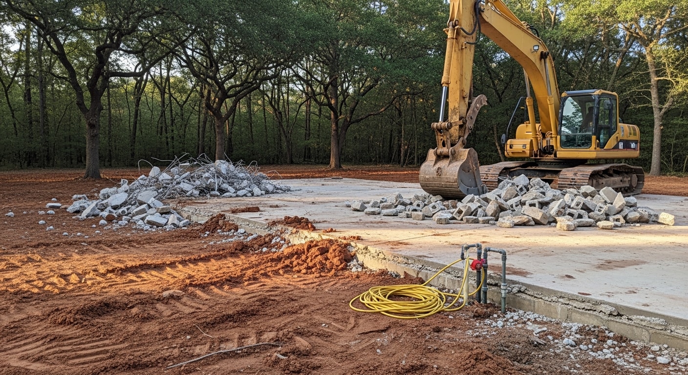 A residential lot in Cypress, TX after a house teardown, showing cleared ground and removed debris with a clean slab-level site ready for new construction. A 5 Star Site Services crew and equipment are visible on the property.