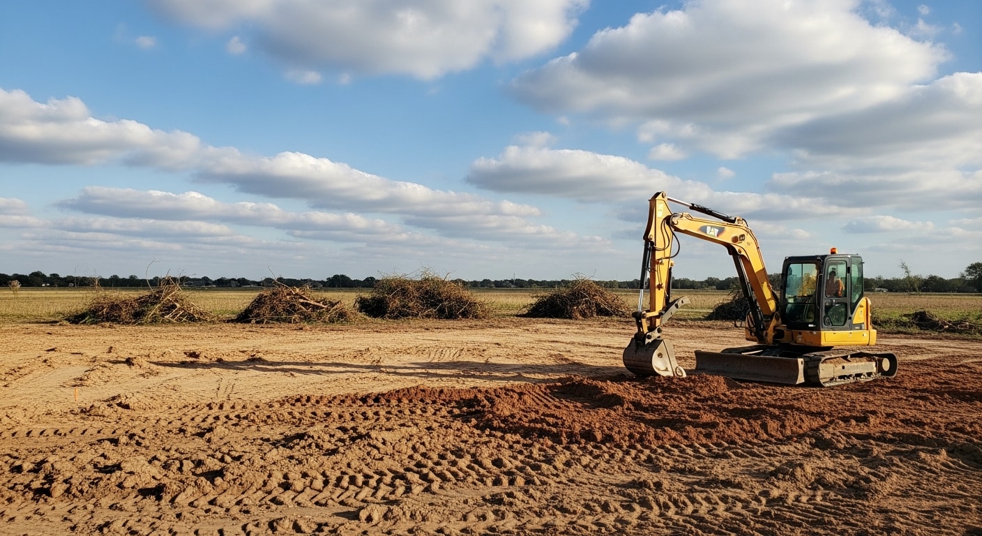 A Cypress, TX residential lot after professional site preparation, showing cleared land with graded, compacted soil ready for foundation work. Heavy equipment tracks are visible across the leveled surface with no remaining stumps, brush, or debris.