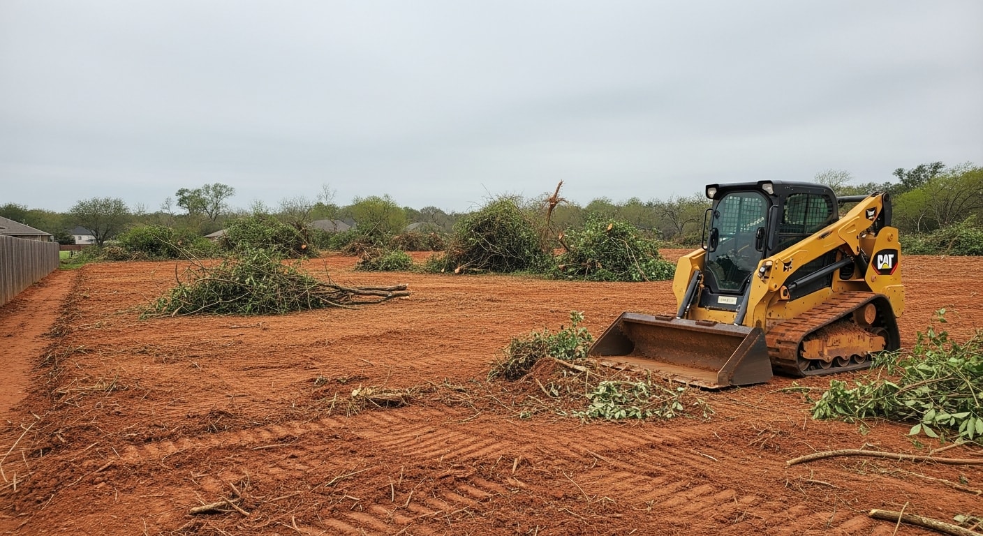 A cleared residential lot in Cypress, TX showing bare, accessible ground after dense brush, vines, and overgrown shrubs have been fully removed. A land clearing crew and equipment are visible at the edge of the property where vegetation work was completed.